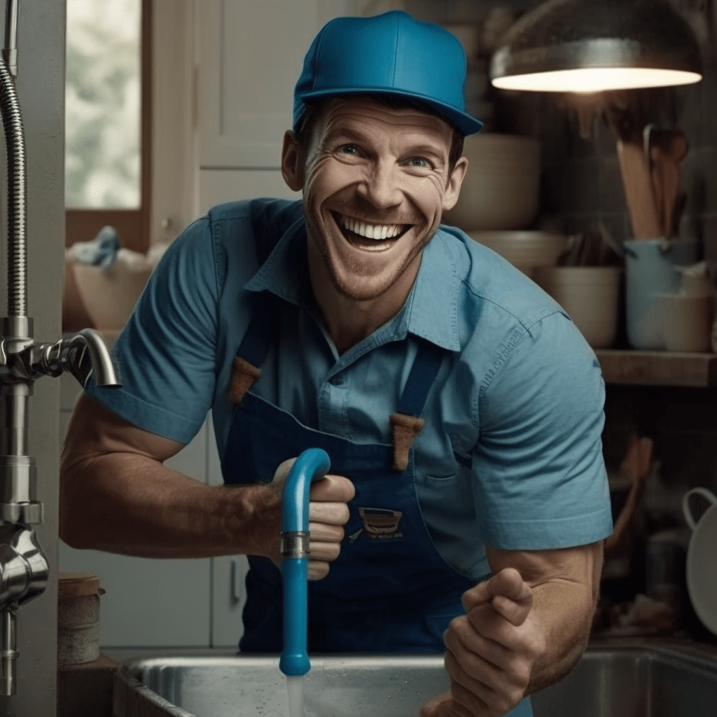 Happy plumber repairs leaking faucet